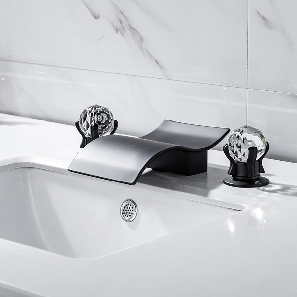 Waterfall Brass Bathroom Faucet, 3-Hole Widespread Faucet with Crystal Knob Handles, Matte Black / Chrome