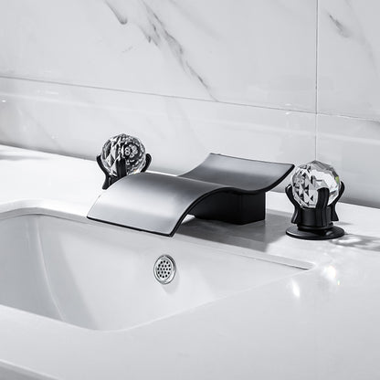 Waterfall Brass Bathroom Faucet, 3-Hole Widespread Faucet with Crystal Knob Handles, Matte Black / Chrome