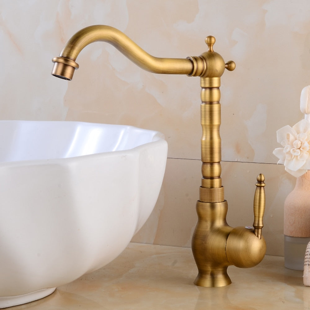 Retro Single-Hole Bathroom Vessel Sink Faucet, Single-Handle Brass Swivel Faucet, Antique Brass / Chrome / Polished Gold