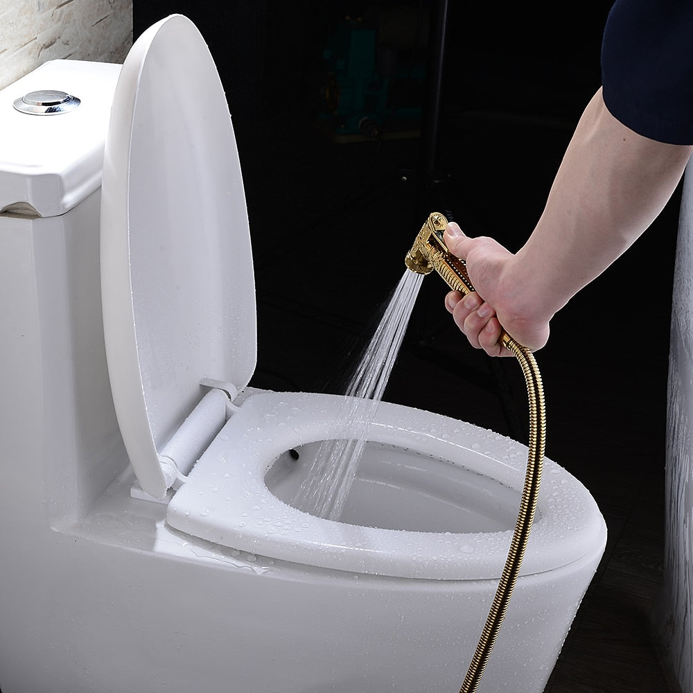 Polished Gold Antique Handheld Bidet Sprayer, Vintage Brass Toilet Shattaf Set with Hose / Wall Bracket