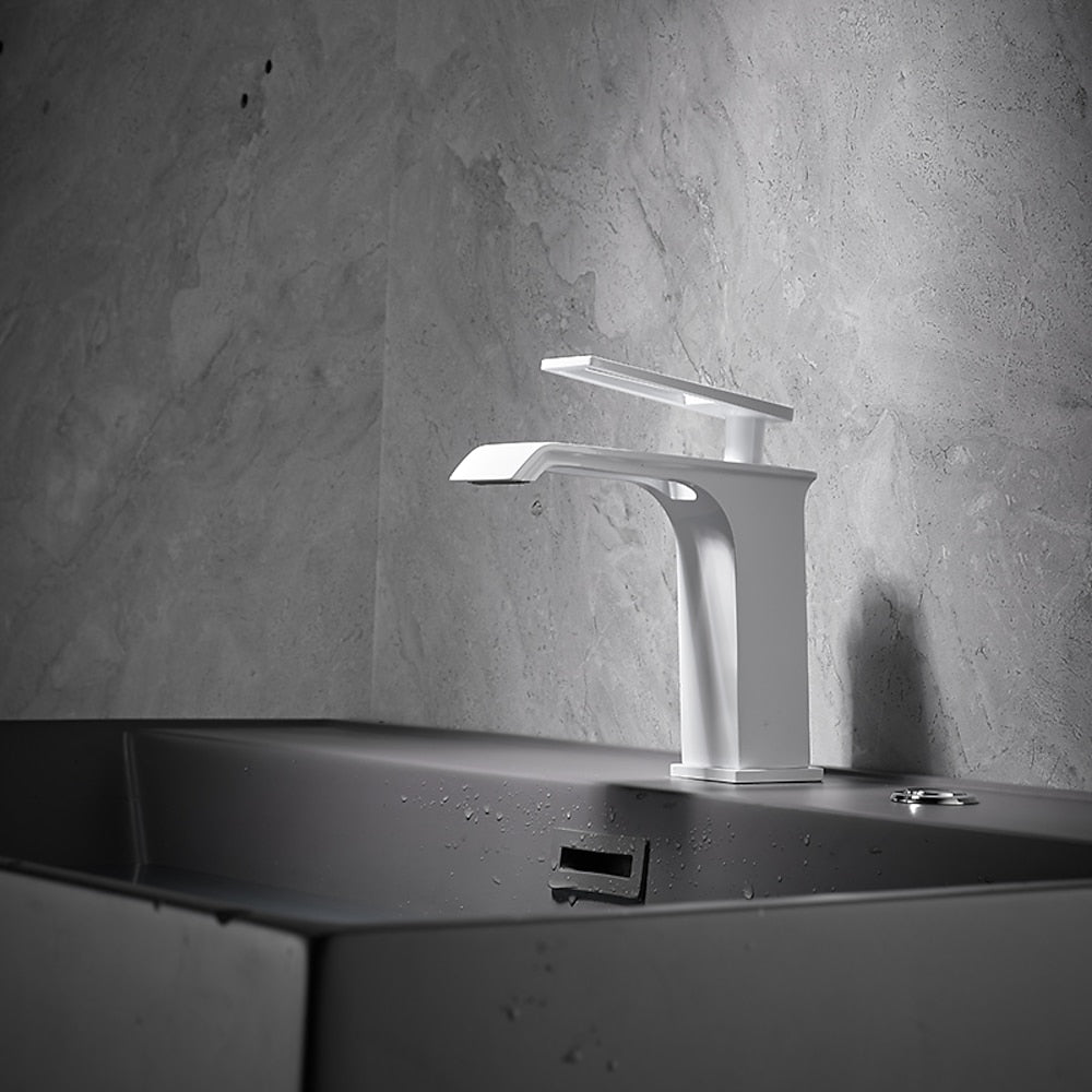 Modern Waterfall Bathroom Faucet, Single-Handle Brass Faucet, Brushed Gold / Chrome / Gunmetal / Matte Black / Matte White