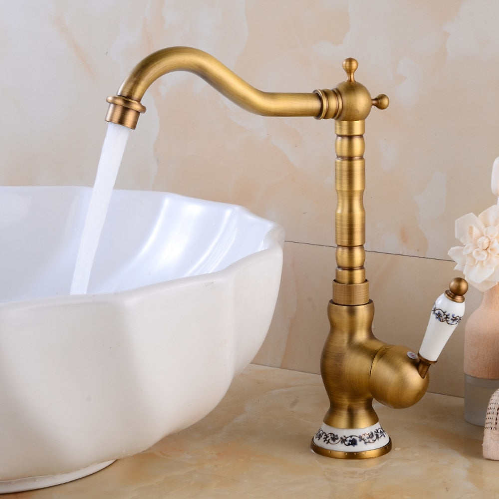 Vintage Ceramic Single-Handle Vessel Faucet, High Arc Swivel Bathroom Faucet, Antique Brass / Chrome / Polished Gold