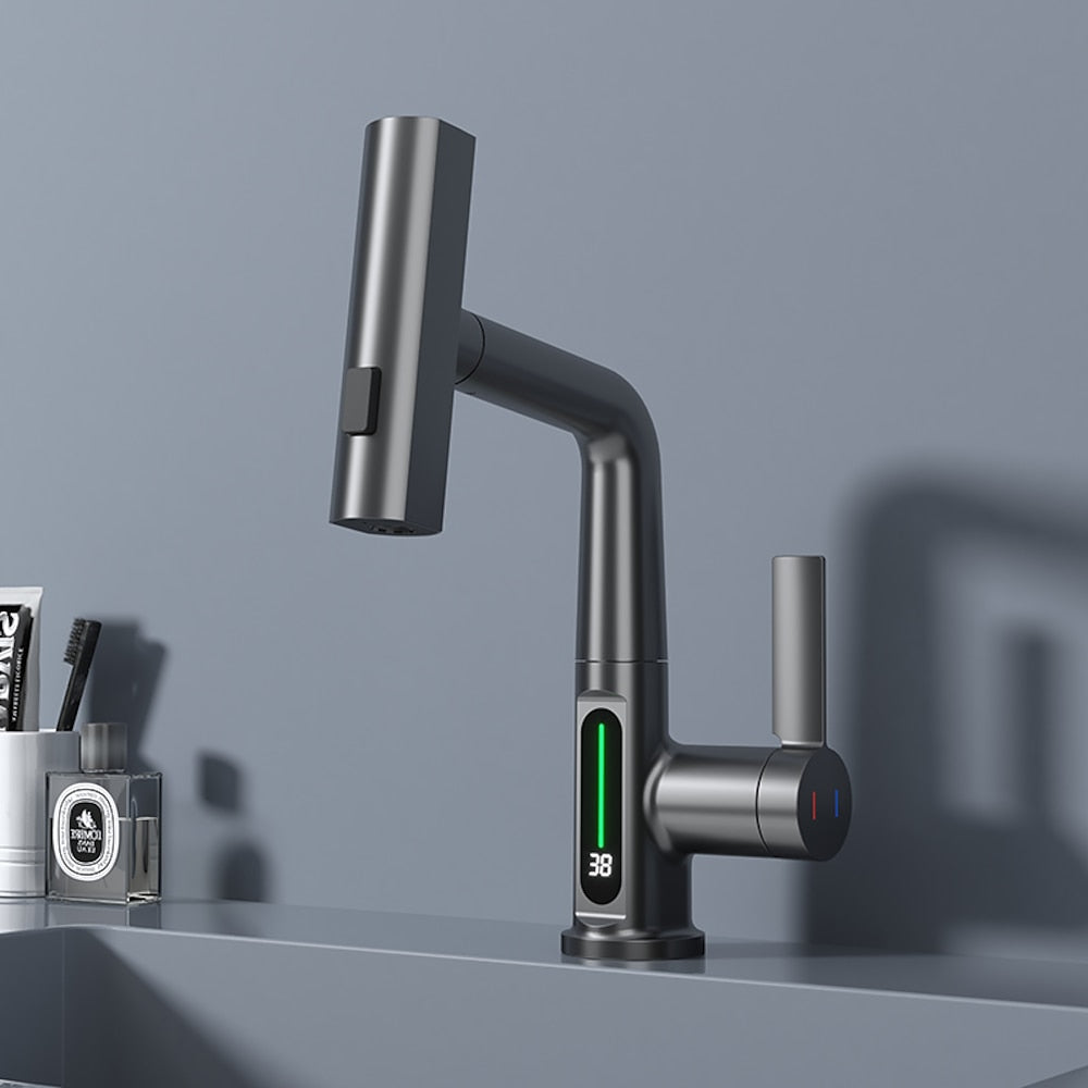 Modern LED Temperature Display Pull-Out Bathroom Faucet, Single-Handle Swivel Faucet, Matte Black / Chrome / Matte White / Gunmetal