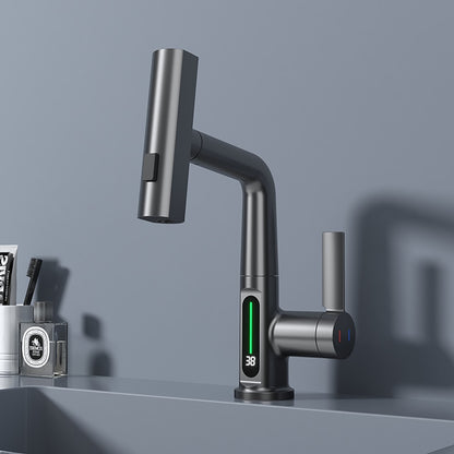 Modern LED Temperature Display Pull-Out Bathroom Faucet, Single-Handle Swivel Faucet, Matte Black / Chrome / Matte White / Gunmetal