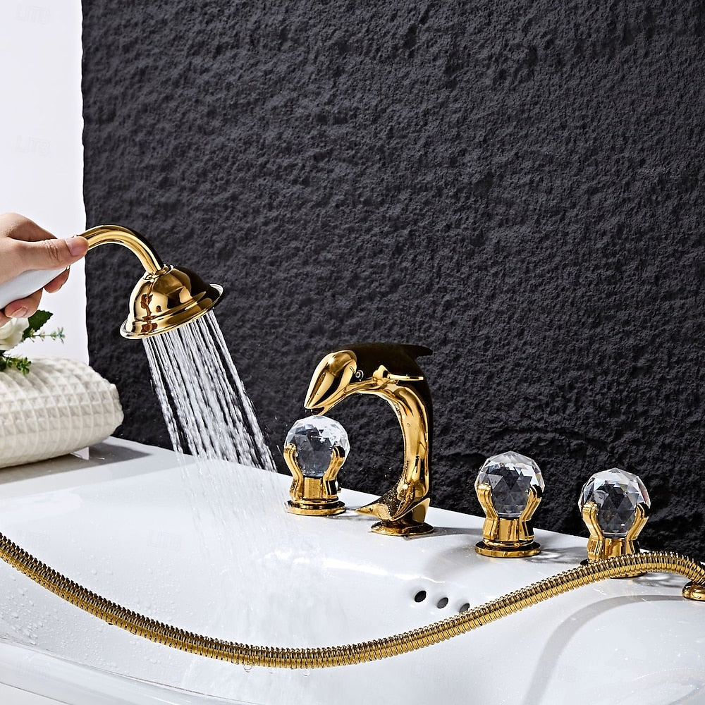 Polished Gold Dolphin Roman Tub Faucet, 5-Hole Deck-Mount Tub Filler with Handheld Shower / Crystal Knob Handles