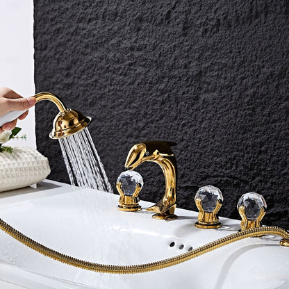 Polished Gold Dolphin Roman Tub Faucet, 5-Hole Deck-Mount Tub Filler with Handheld Shower / Crystal Knob Handles