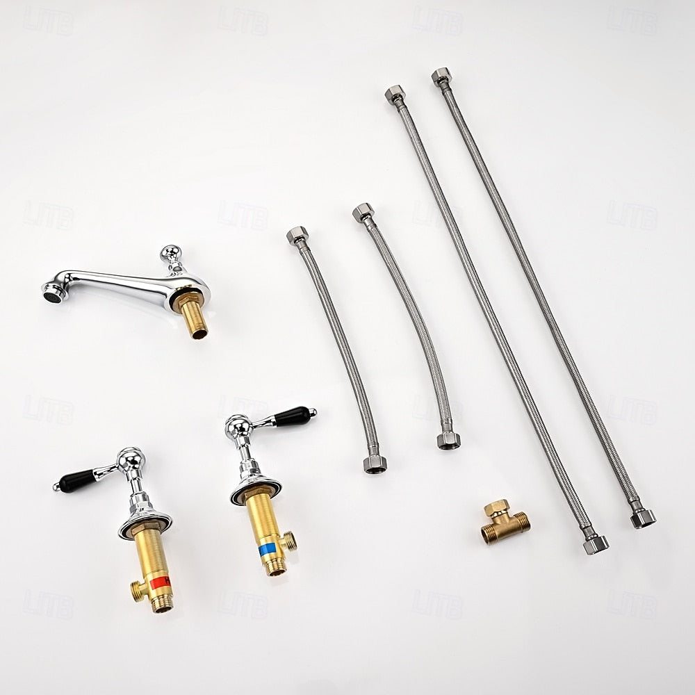 Vintage Widespread Bathroom Faucet, Double-Handle 3-Hole Sink Faucet, Chrome / Polished Gold