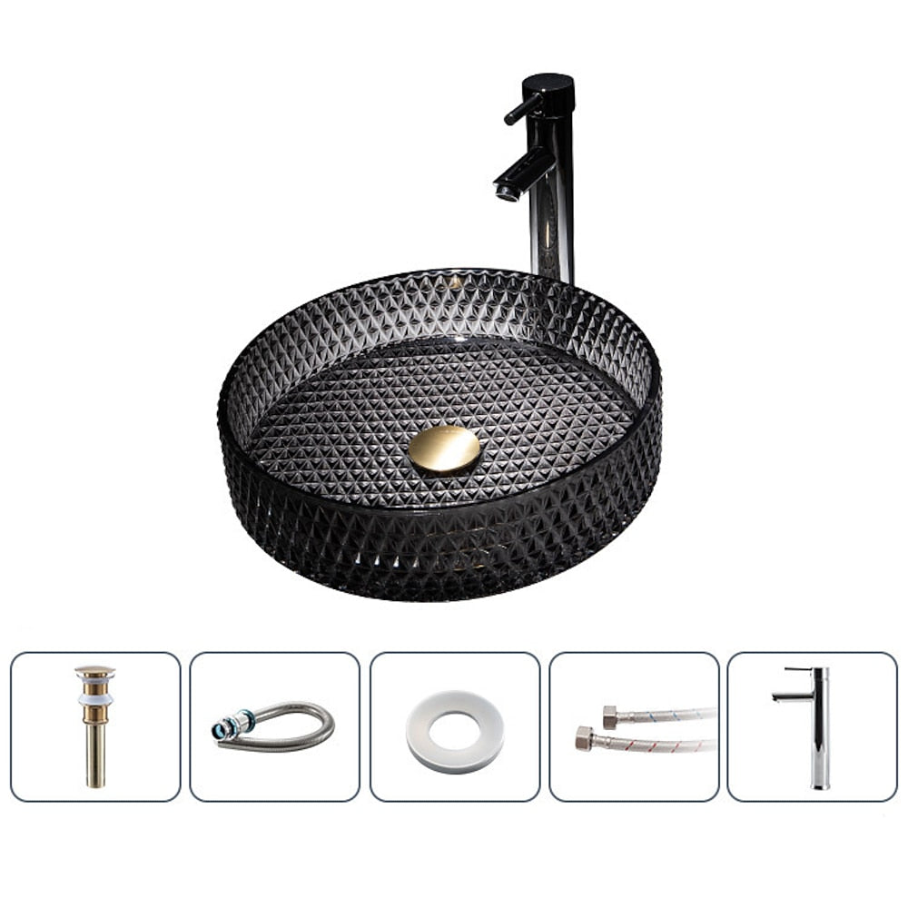 Modern Round Tempered Glass Vessel Bathroom Sink, Vanity Wash Basin Set with Chrome Faucet