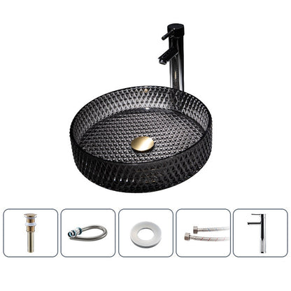 Modern Round Tempered Glass Vessel Bathroom Sink, Vanity Wash Basin Set with Chrome Faucet