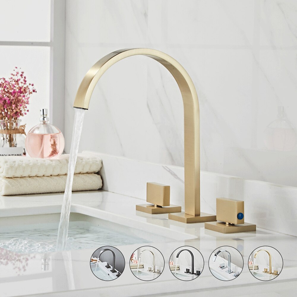 High-Arc Widespread Bathroom Faucet, 3-Hole Dual-Handle Faucet, Brushed Gold / Chrome / Matte Black / Brushed Nickel / Gunmetal / Polished Gold