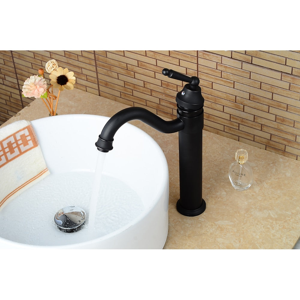 Oil-Rubbed Bronze Traditional Single-Hole Vessel Sink Faucet, High-Arc Swivel Spout Bathroom Faucet with Pop-Up Drain
