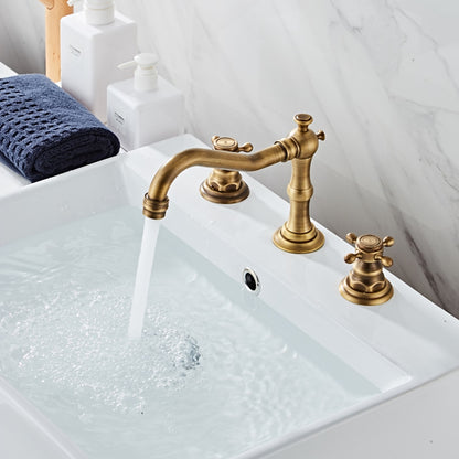 Traditional Antique Brass Widespread Bathroom Faucet, Dual Cross Handle Sink Faucet