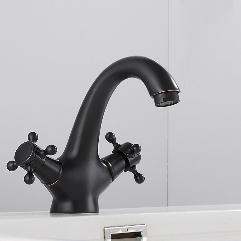 Vintage Single-Hole Bathroom Faucet, Dual Cross Handle Brass Faucet