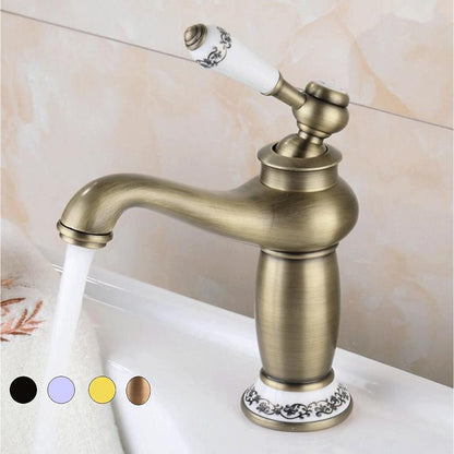 Vintage Single-Hole Bathroom Faucet, Single-Handle Brass Vanity Faucet with Ceramic Floral Accent