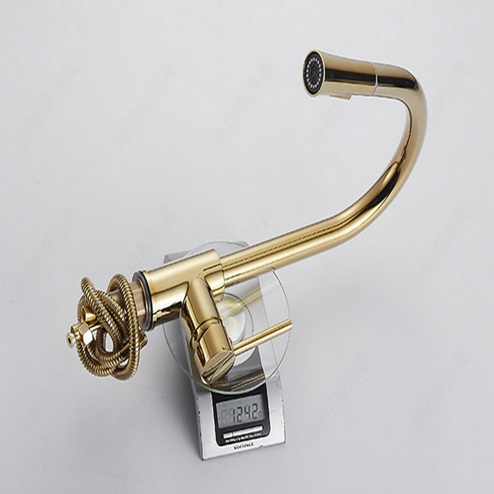 Polished Brass Pull-Down Kitchen Faucet, Single-Hole Single-Handle High Arc Swivel Brass Faucet