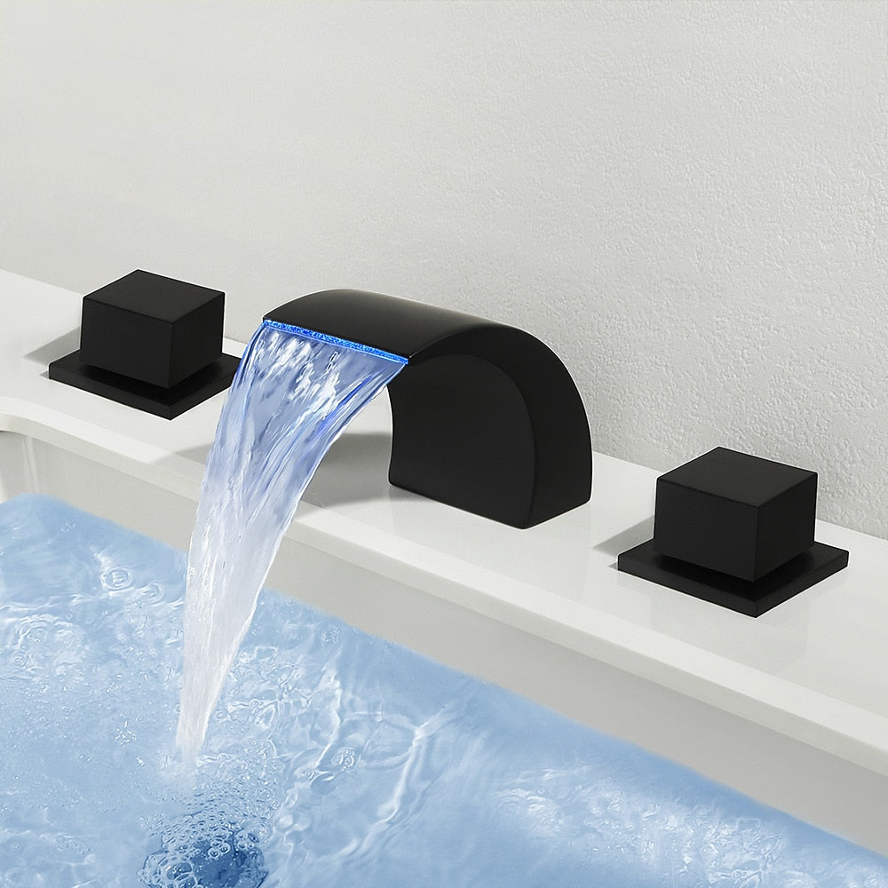 LED Waterfall Bathroom Faucet, Widespread Double-Handle Brass Faucet, Matte Black / Brushed Nickel / Chrome