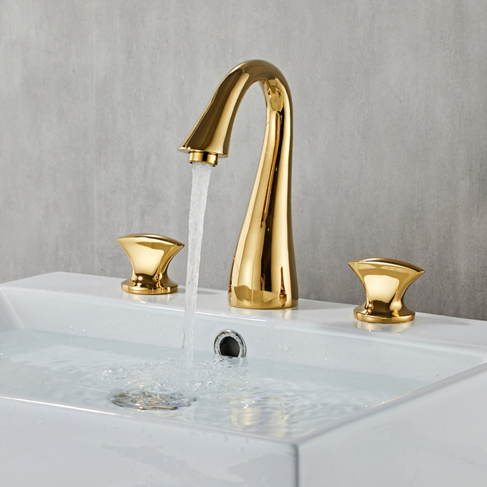 Widespread Double-Handle Bathroom Faucet, Modern High Arc Brass Basin Faucet, Chrome / Polished Gold / Brushed Nickel / Oil-Rubbed Bronze