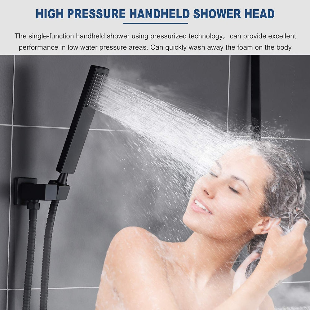 Matte Black Rainfall Shower System, Wall-Mounted Single-Handle Shower Faucet Set with Handheld Shower