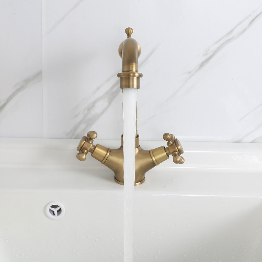 Traditional Antique Brass Single-Hole Bathroom Faucet, Double Cross-Handle High Arc Faucet
