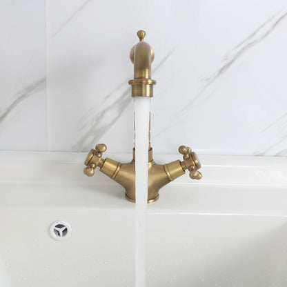 Traditional Antique Brass Single-Hole Bathroom Faucet, Double Cross-Handle High Arc Faucet