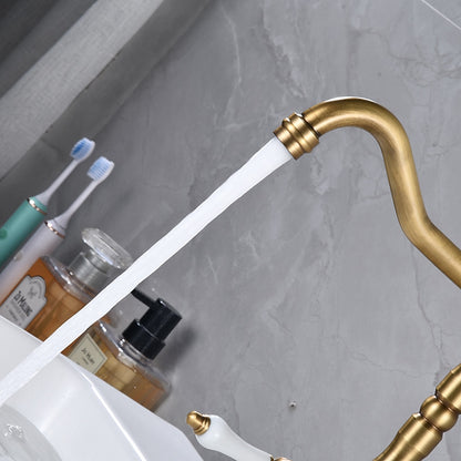 Antique Single-Hole Bathroom Faucet, Dual Ceramic Handle Swivel Spout Faucet, Antique Brass / Brushed Nickel / Chrome / Matte Black / Polished Gold