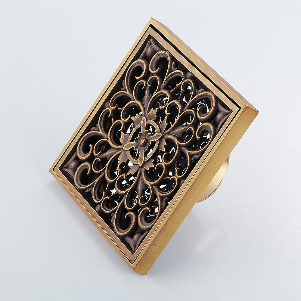 Antique Bronze Square Brass Floor Drain, Vintage Shower Drain Grate with Removable Carved Cover
