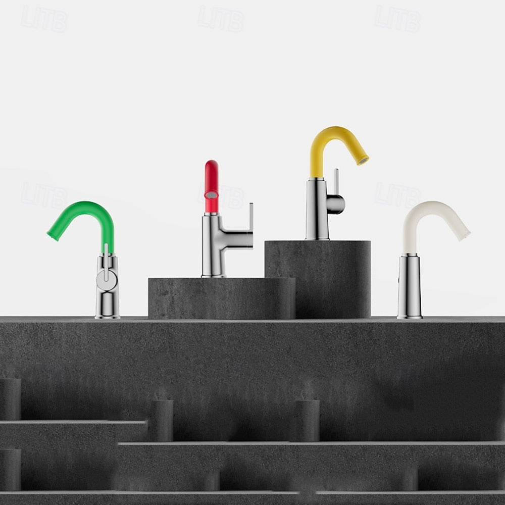 Modern High-Arc Bathroom Faucet, Single-Handle Single-Hole Faucet, Multi- / Green / White / Yellow / Pink / Gray / Silver
