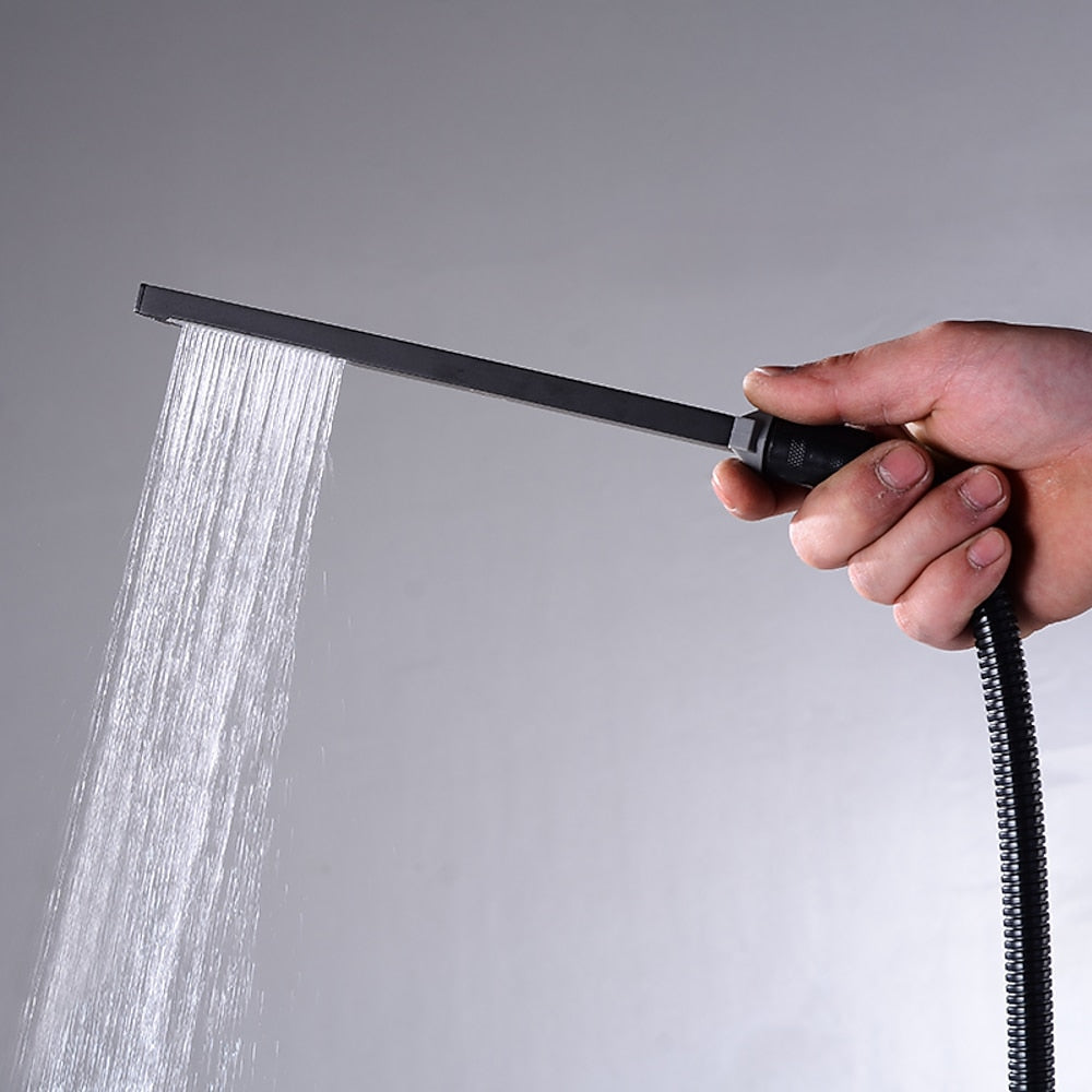 Modern Waterfall Freestanding Tub Filler, Single-Handle Tub Faucet with Handheld Shower