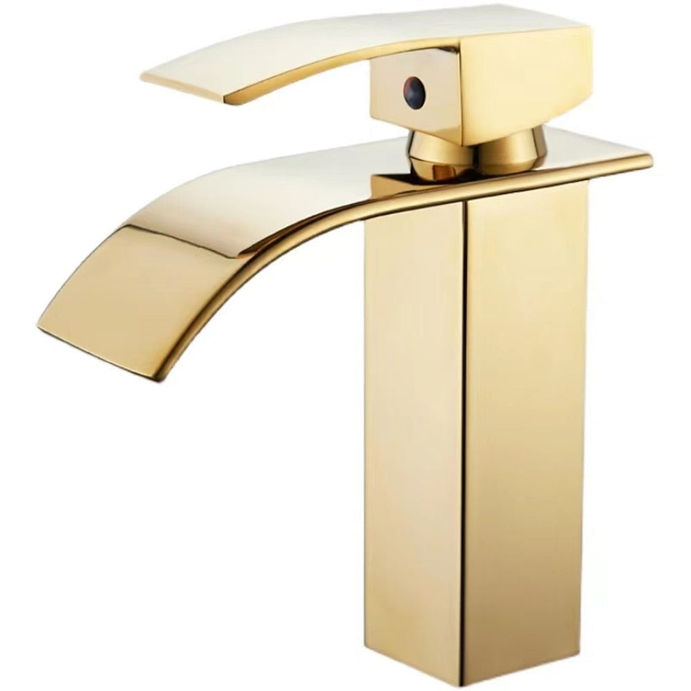 Waterfall Single-Hole Bathroom Faucet, Modern Single-Handle Vessel Sink Faucet, Matte Black / Polished Gold