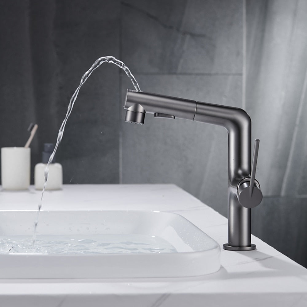 Pull-Out Spray Bathroom Faucet, Modern Single-Hole Single-Handle Brass Faucet, Gunmetal / Matte Black / Brushed Gold / Matte White / Chrome