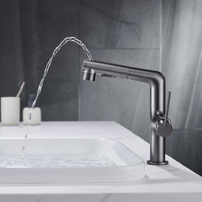 Pull-Out Spray Bathroom Faucet, Modern Single-Hole Single-Handle Brass Faucet, Gunmetal / Matte Black / Brushed Gold / Matte White / Chrome