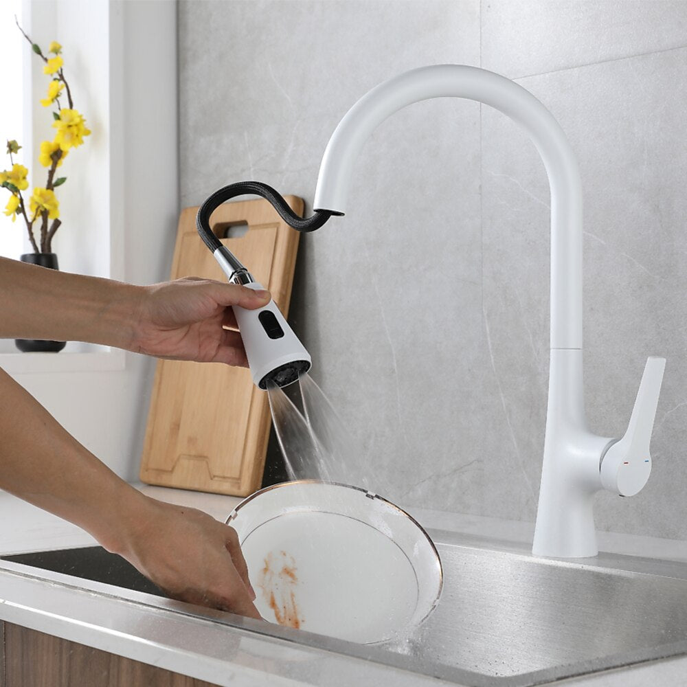 Modern Pull-Down Kitchen Faucet, Single-Handle High Arc Brass Faucet, Matte Black / Chrome / Brushed Nickel / Matte White / Gunmetal