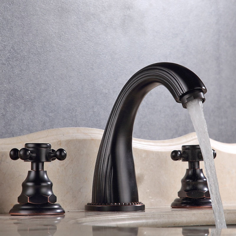 Vintage 3-Hole Widespread Bathroom Sink Faucet, Two-Handle Brass Faucet with High Arc Spout, Antique Brass / Oil-Rubbed Bronze