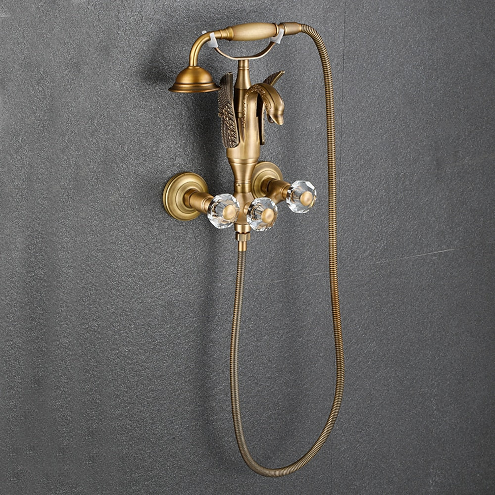 Swan Spout Wall-Mount Bathtub Faucet, Dual-Handle Tub Filler with Handheld Shower, Antique Brass / Matte Black / Chrome / Polished Gold