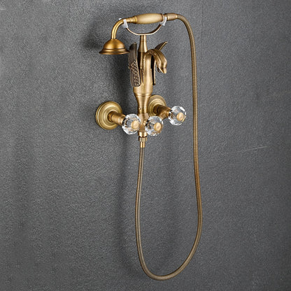 Swan Spout Wall-Mount Bathtub Faucet, Dual-Handle Tub Filler with Handheld Shower, Antique Brass / Matte Black / Chrome / Polished Gold