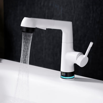 LED Digital Display Pull-Out Bathroom Faucet, Liftable Single-Handle Deck Mount Faucet, Gunmetal / Matte White / Chrome