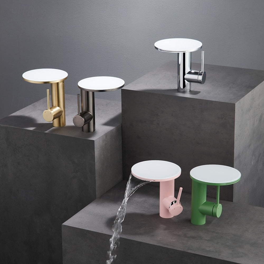 Modern Single-Hole Waterfall Bathroom Faucet, Swivel Stainless Steel Single-Handle Faucet, Chrome / Brushed Gold / Matte White / Gunmetal / Painted / Powder Coated
