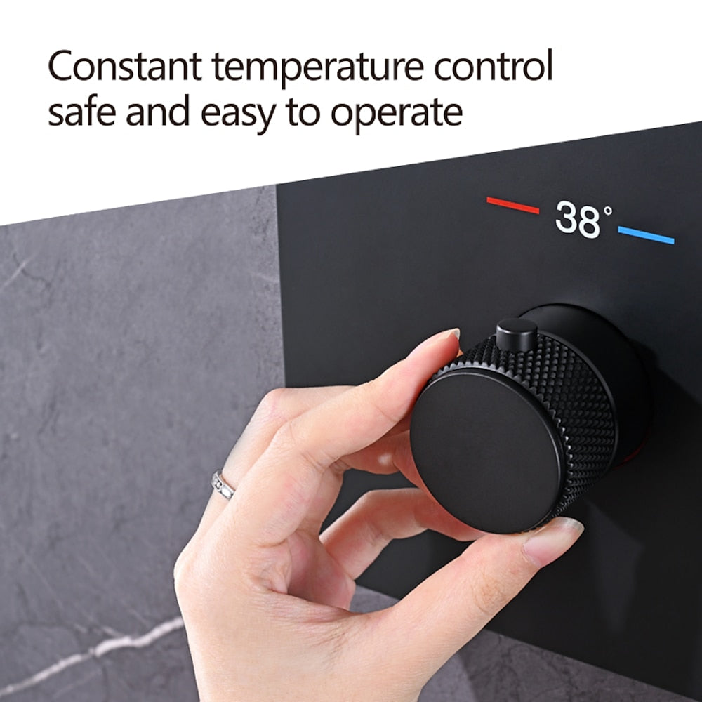 Matte Black LED Thermostatic Waterfall Shower System, Ceiling-Mounted Rainfall Shower Faucet Set with Handheld Shower