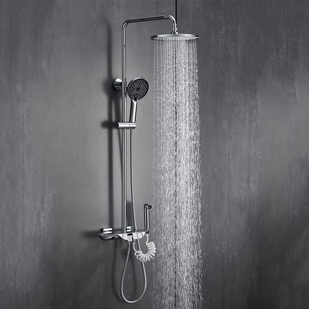 Thermostatic Wall-Mount Shower System, Multi-Function Rainfall Faucet with Handheld Shower, Chrome / Gunmetal