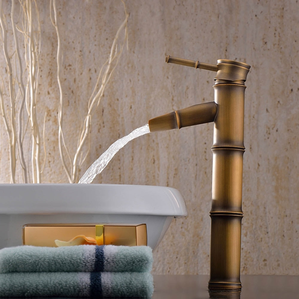 Antique Brass Vintage Single-Hole Faucet, Single-Handle Bamboo Vessel Sink Faucet