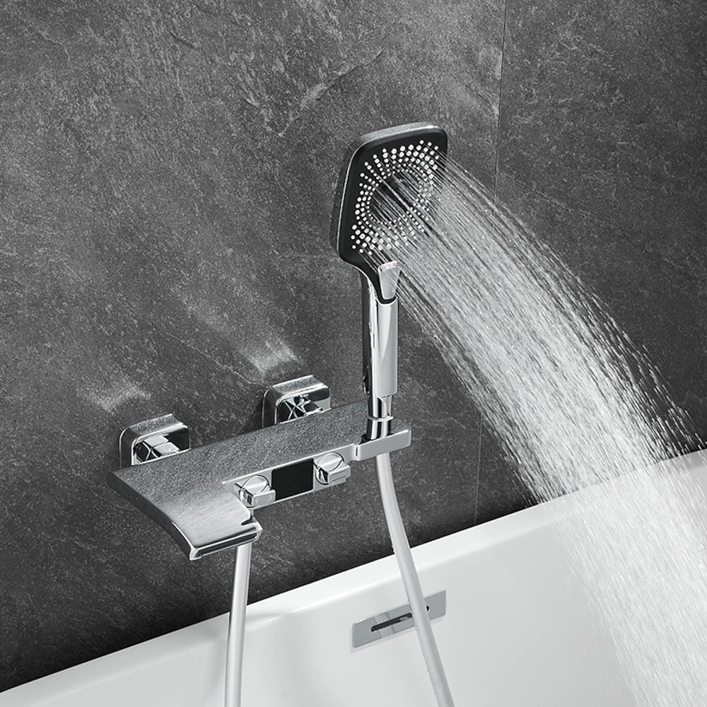 Wall-Mount Waterfall Tub Faucet, Dual-Handle Bath Mixer Tap with Handheld Shower