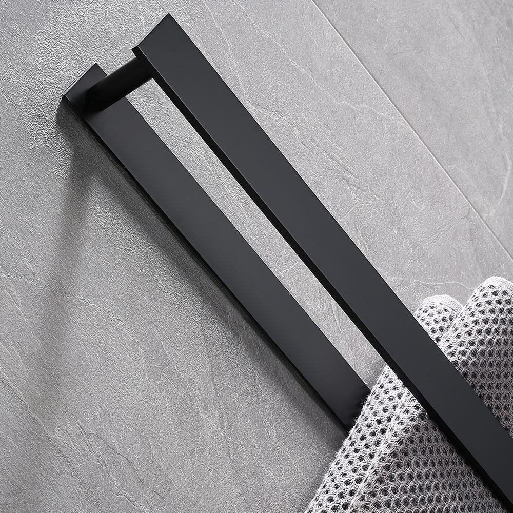 Self-Adhesive SUS304 Stainless Steel Towel Bar, Wall-Mounted No-Drill Towel Holder with Hook, Matte Black / Chrome / Brushed Nickel