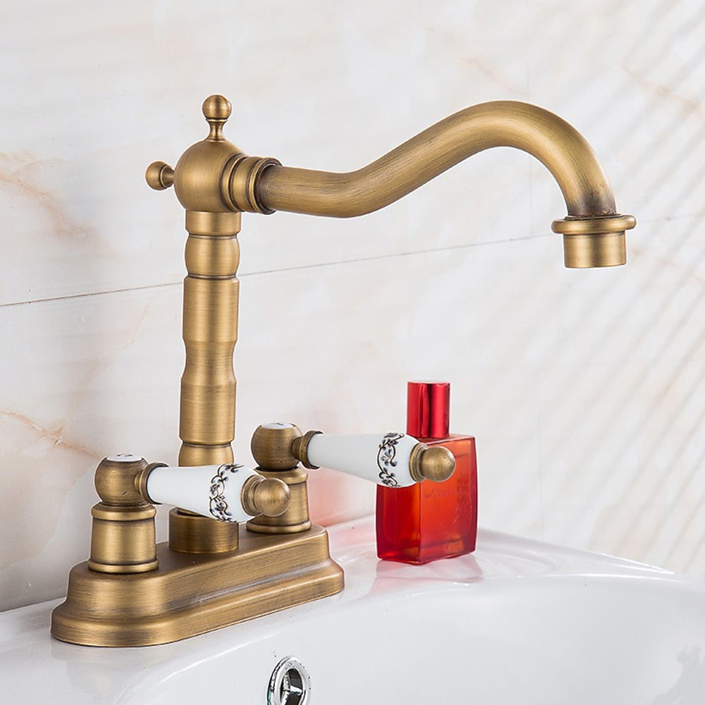 Antique Brass Swivel Spout Bathroom Faucet, Vintage Double-Handle Centerset Faucet