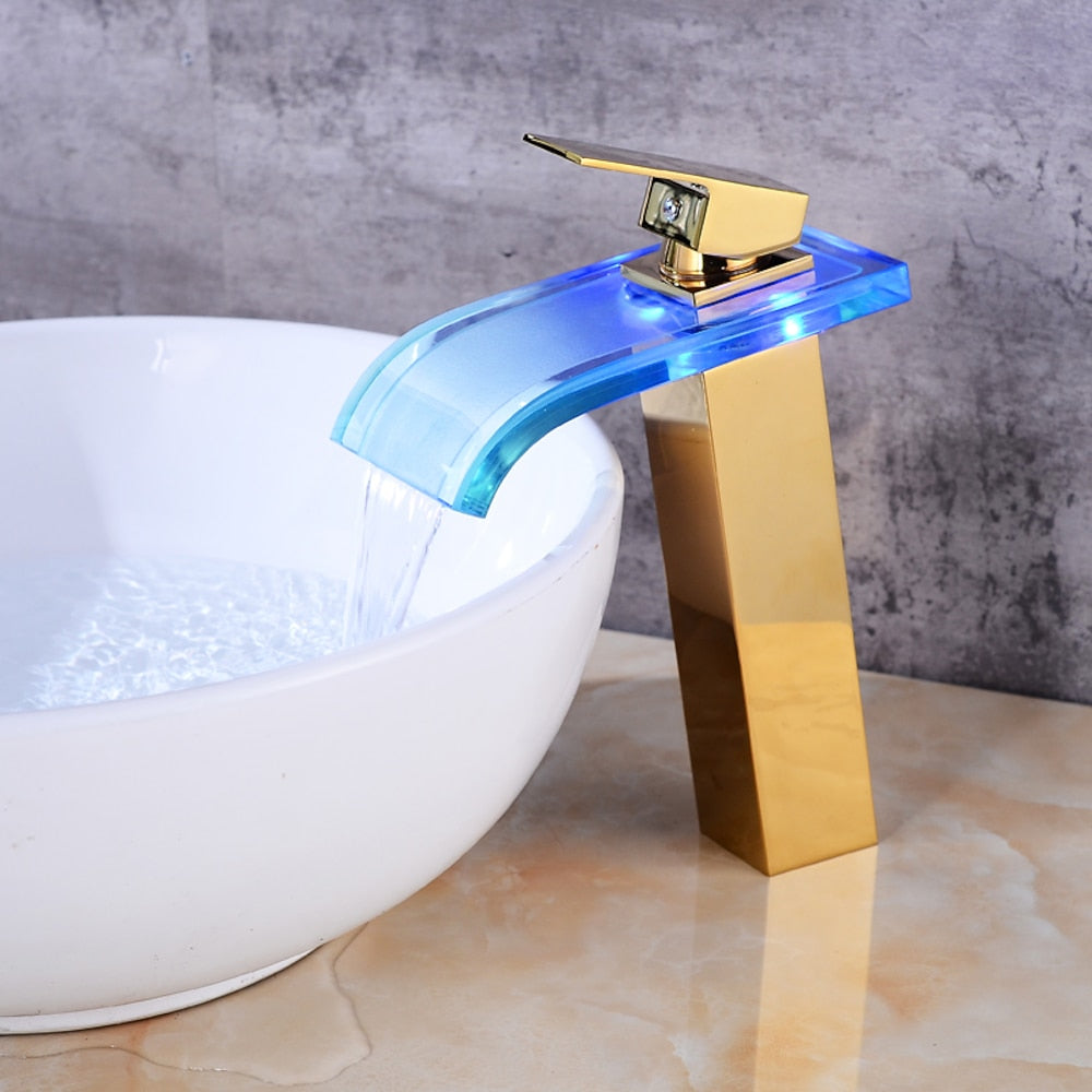 LED Glass Waterfall Bathroom Faucet, Single-Handle Single-Hole Faucet, Brushed Nickel / Brushed Gold / Matte Black / Chrome
