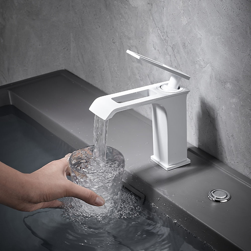 Modern Waterfall Bathroom Faucet, Single-Handle Brass Faucet, Brushed Gold / Chrome / Gunmetal / Matte Black / Matte White