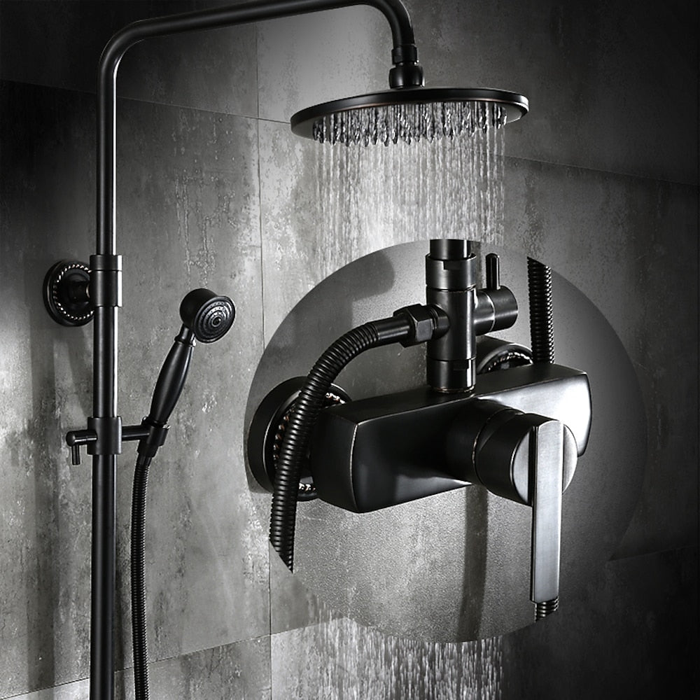 Antique Oil-Rubbed Bronze Wall-Mount Exposed Pipe Tub Shower System, Complete Brass Shower Faucet with Rain Shower Head / Handheld Shower