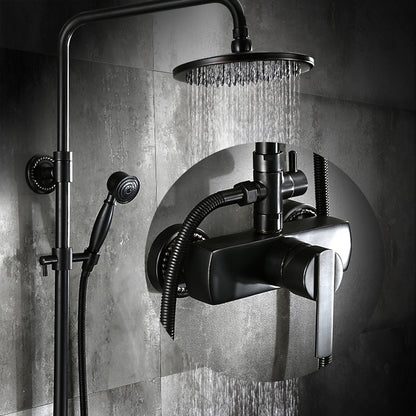 Antique Oil-Rubbed Bronze Wall-Mount Exposed Pipe Tub Shower System, Complete Brass Shower Faucet with Rain Shower Head / Handheld Shower