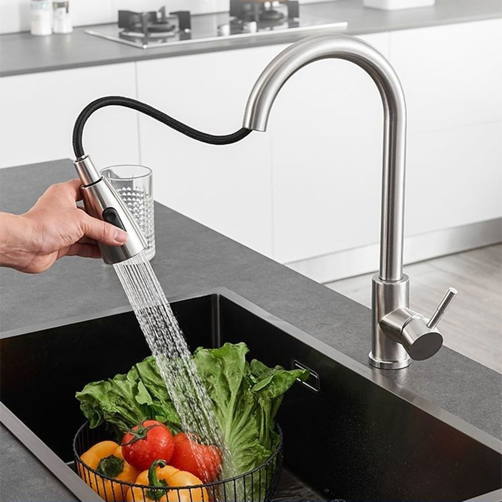 Stainless Steel Pull-Down Kitchen Faucet, Single-Handle Modern High-Arc Faucet