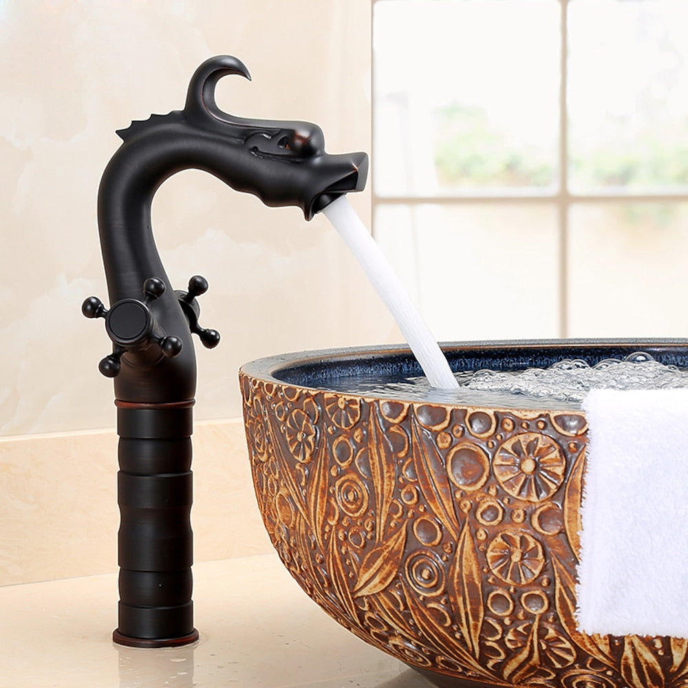 Vintage Dragon Vessel Sink Faucet, Single-Hole Double Cross Handle Brass Faucet