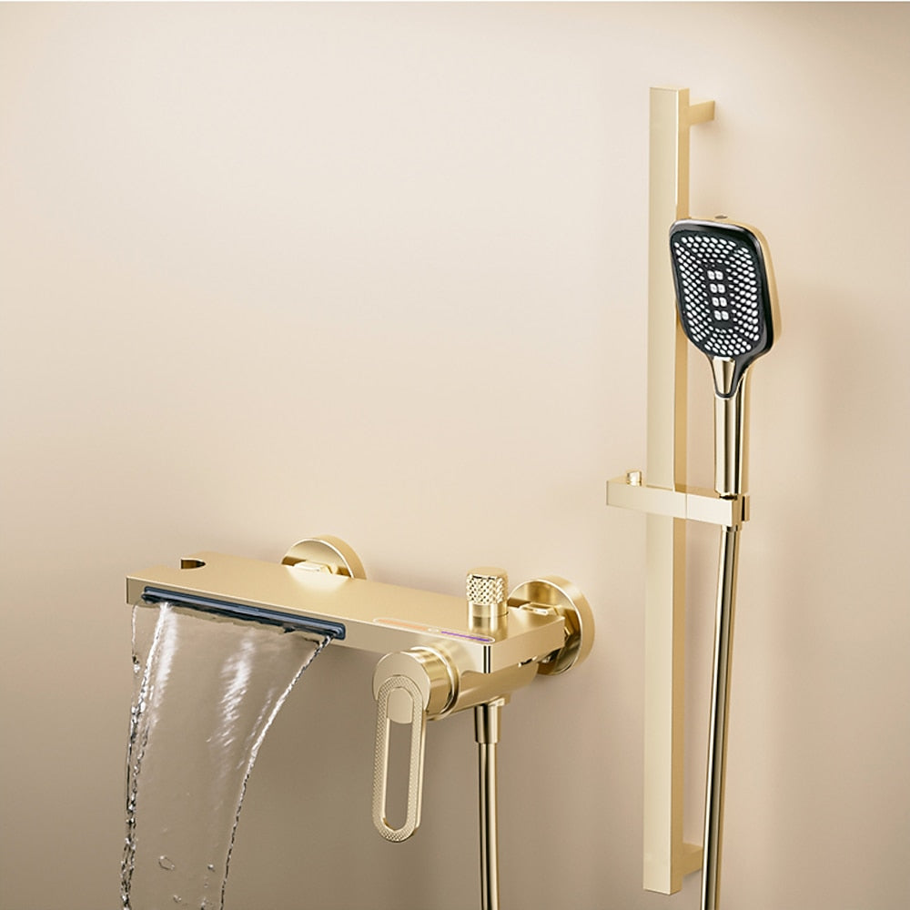 Modern Waterfall Wall-Mount Bathtub Faucet, Single-Handle Brass Tub Faucet with Handheld Shower, Brushed Gold / Chrome / Gunmetal / Matte Black / Matte White / Polished Gold